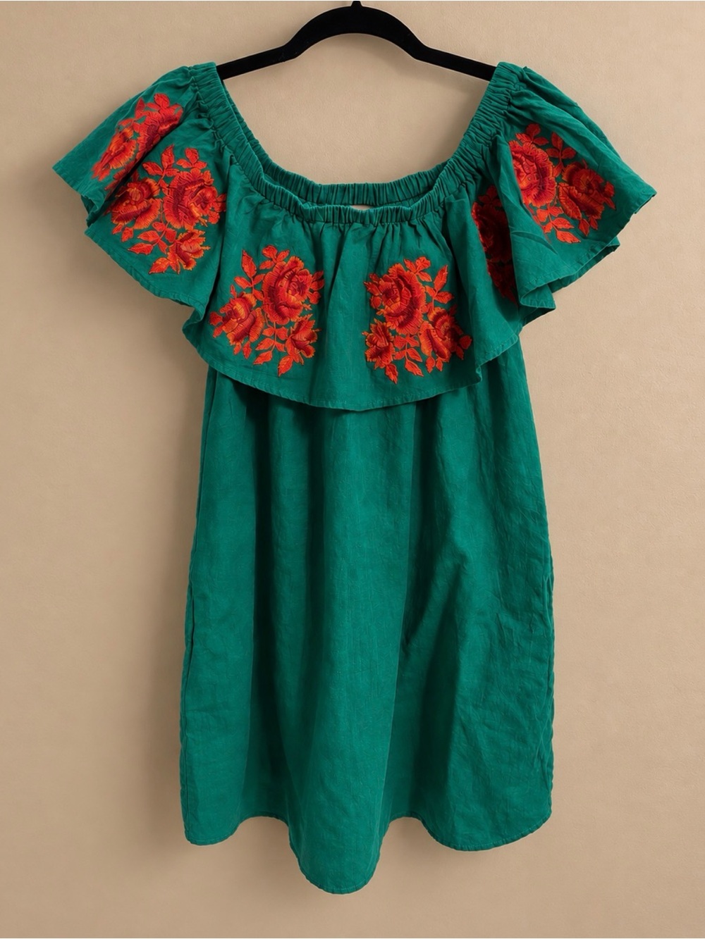 Umgee Teal Off-Shoulder Dress with Red Floral Embroidery